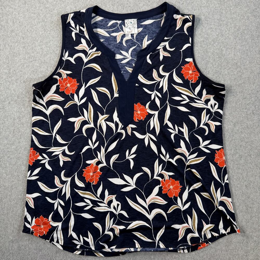 Naif Women's XL Navy Blue Floral V-Neck Sleeveless Top Blouse Tank Stretch